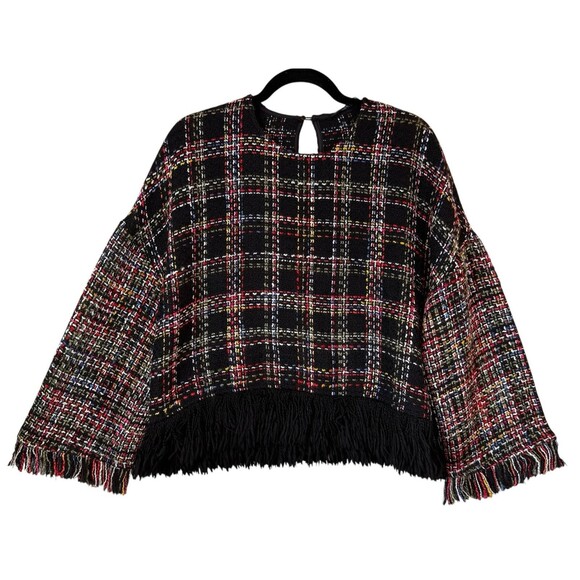 Zara Top Woman's Small Loose Fit Tweed‎ Top Fringe Multi-Color Boho Bell Sleeve - Picture 3 of 12
